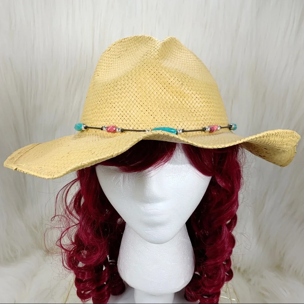 Golden Natural Fiber Cowboy Hat with Beaded Embellished String Tie Band
